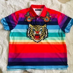 Hudson MEN'S SHORT SLEEVE COLOR BLOCK POLO W/ TIGER & FLORAL PATCHES Size: 4X
